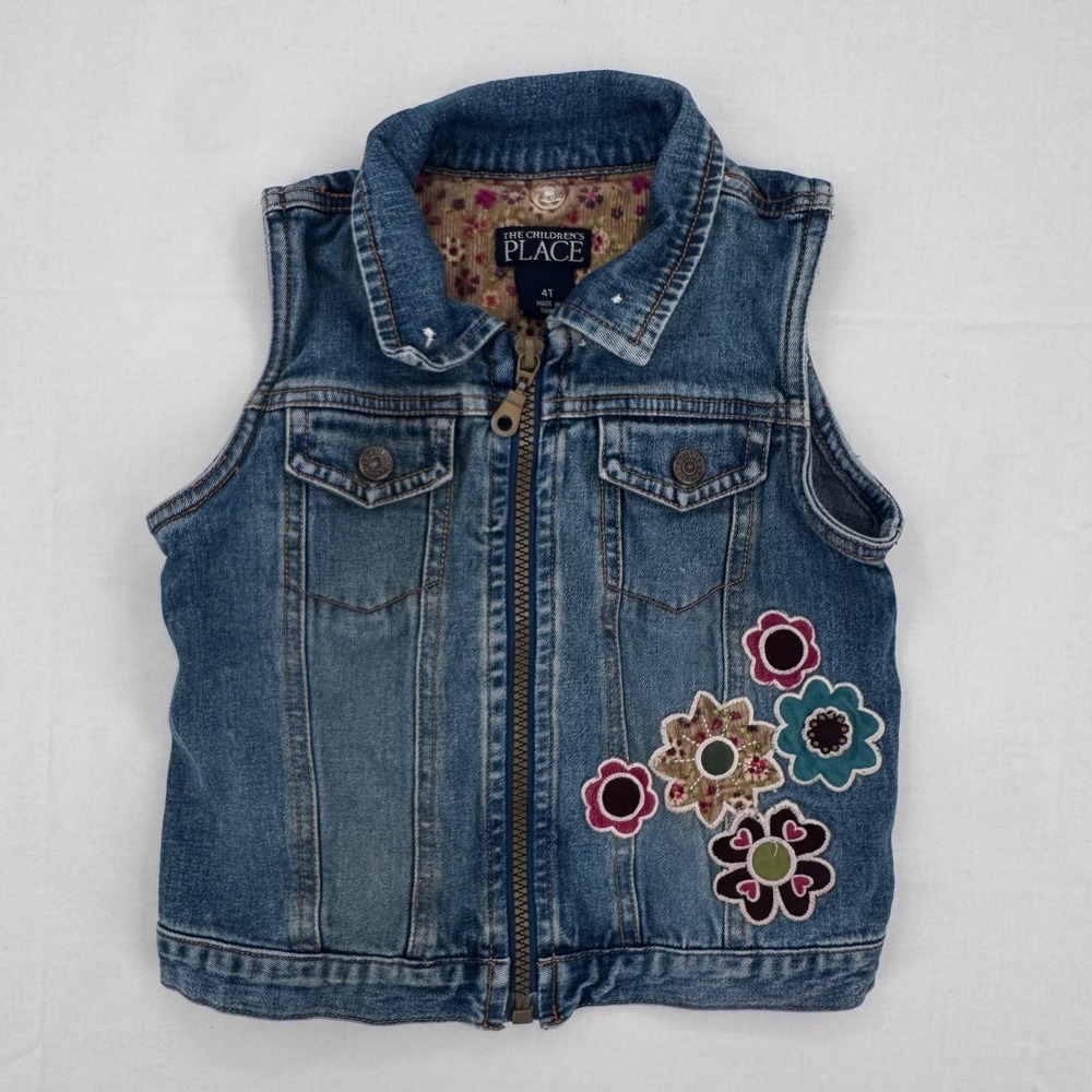 The Childrens Place Girls Blue Denim Floral Embroidered Zip Up Vest Size 4T